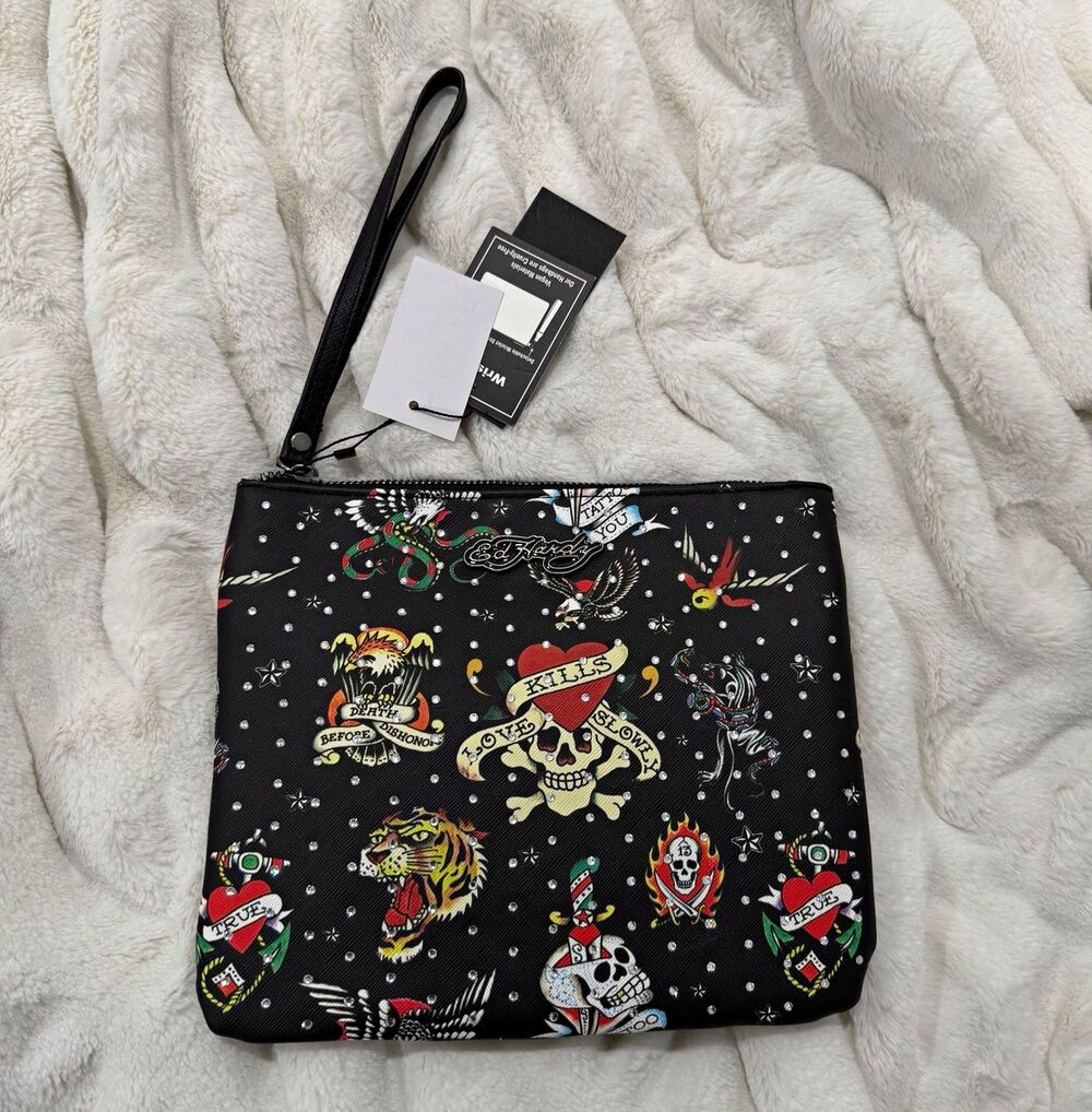 ed hardy black tattoo skull print zip wristlet w/ wrist strap rhinestone